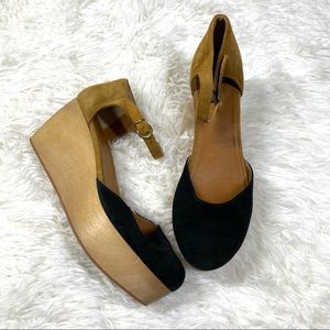 Madewell Black and Tan Suede Platform Sandals with Wooden Wedge